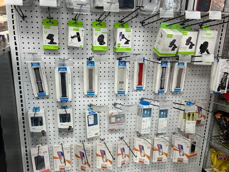 Phone accessories display wall inside Eagle Smoke & Convenience Shop